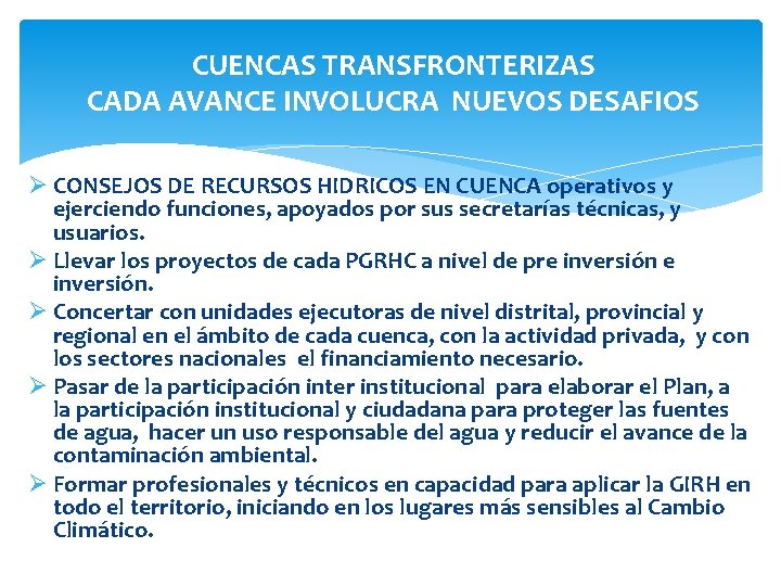 CUENCAS TRANSFRONTERIZAS CADA AVANCE INVOLUCRA NUEVOS DESAFIOS Ø CONSEJOS DE RECURSOS HIDRICOS EN CUENCA