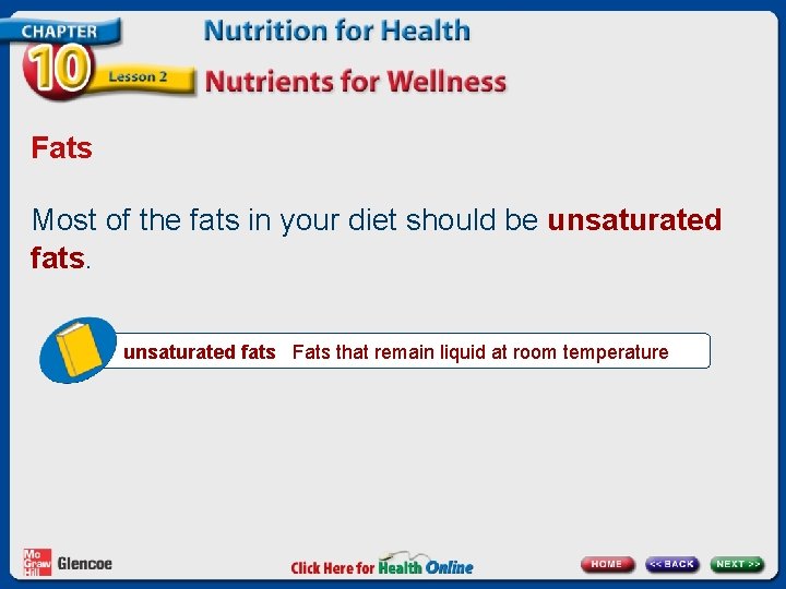 Fats Most of the fats in your diet should be unsaturated fats Fats that