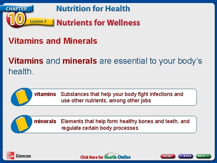 Vitamins and Minerals Vitamins and minerals are essential to your body’s health. vitamins Substances