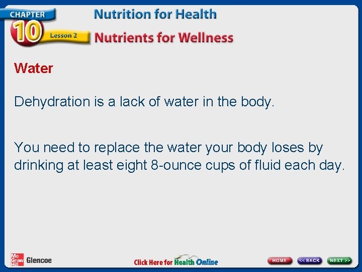 Water Dehydration is a lack of water in the body. You need to replace