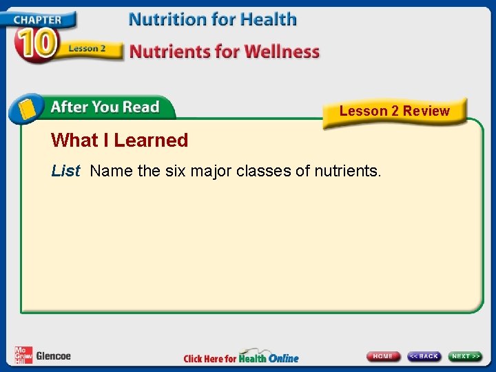 Lesson 2 Review What I Learned List Name the six major classes of nutrients.