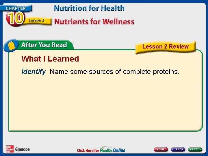 Lesson 2 Review What I Learned Identify Name sources of complete proteins. 