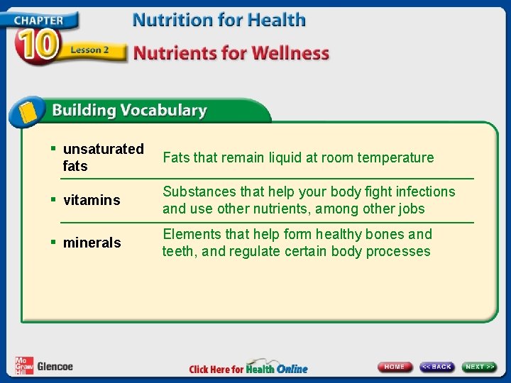 § unsaturated fats Fats that remain liquid at room temperature § vitamins Substances that