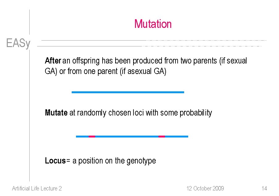 Mutation EASy After an offspring has been produced from two parents (if sexual GA)