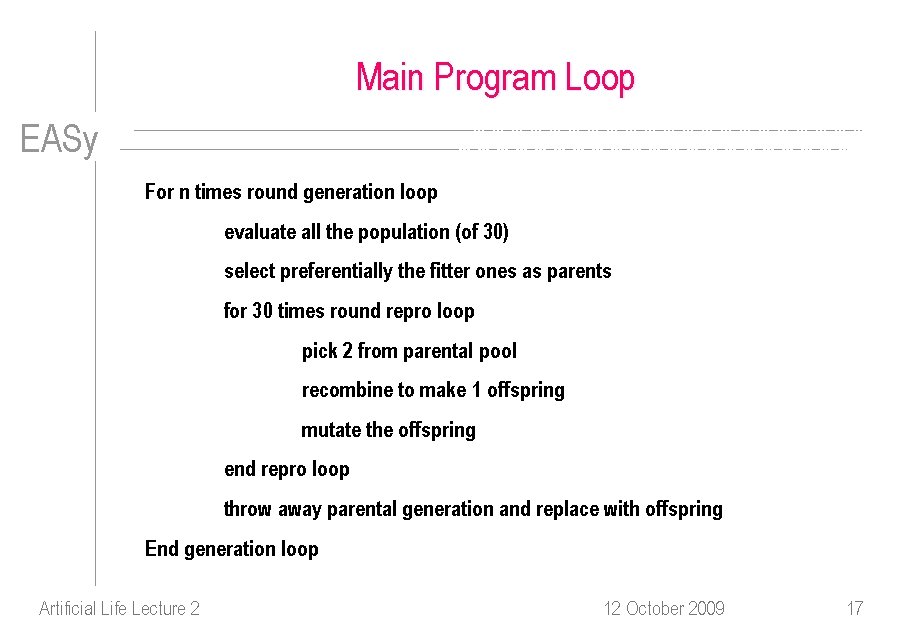 Main Program Loop EASy For n times round generation loop evaluate all the population