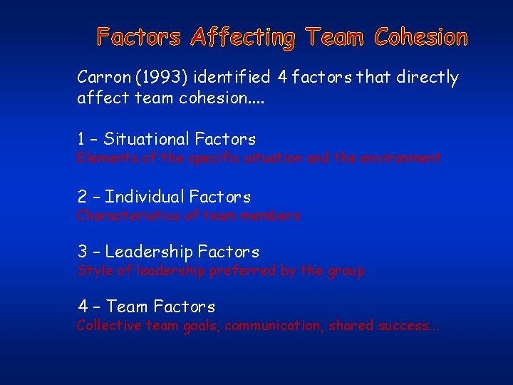 Factors Affecting Team Cohesion Carron (1993) identified 4 factors that directly affect team cohesion.