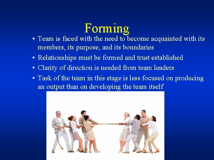 Forming • Team is faced with the need to become acquainted with its members,