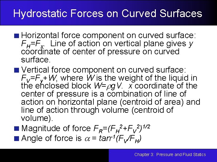 Hydrostatic Forces on Curved Surfaces Horizontal force component on curved surface: FH=Fx. Line of
