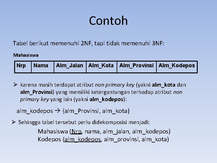 Contoh Tabel berikut memenuhi 2 NF, tapi tidak memenuhi 3 NF: Mahasiswa Nrp Nama