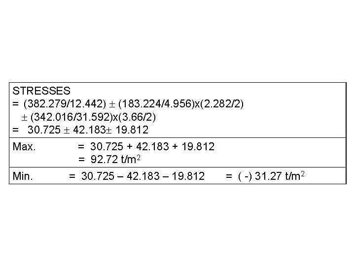 STRESSES = (382. 279/12. 442) (183. 224/4. 956)x(2. 282/2) (342. 016/31. 592)x(3. 66/2) =