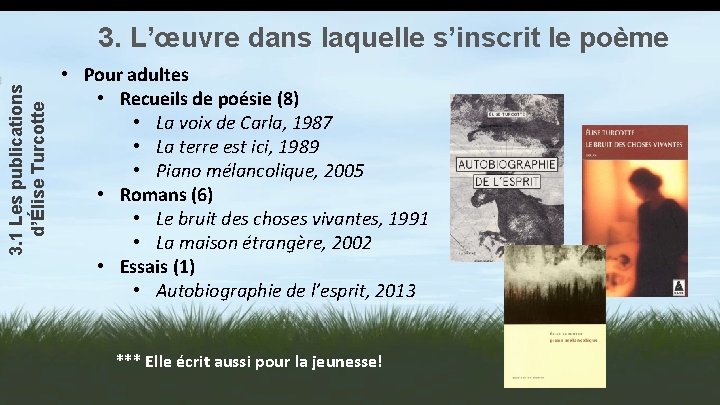 3. 1 Les publications d’Élise Turcotte 3. L’œuvre dans laquelle s’inscrit le poème •