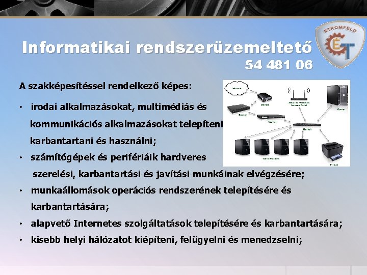 Informatikai rendszerüzemeltető 54 481 06 A szakképesítéssel rendelkező képes: • irodai alkalmazásokat, multimédiás és