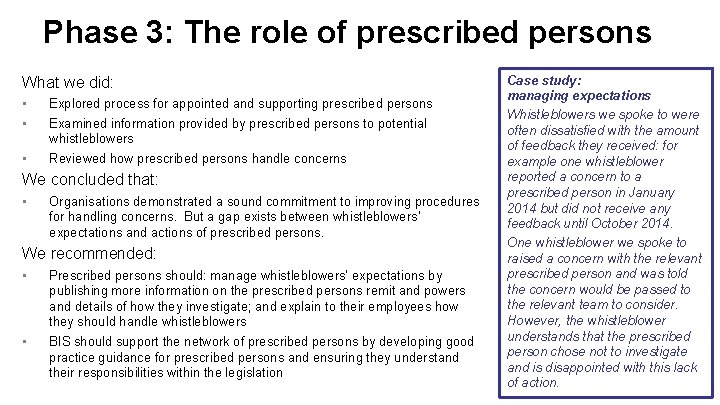 Phase 3: The role of prescribed persons What we did: • • Explored process