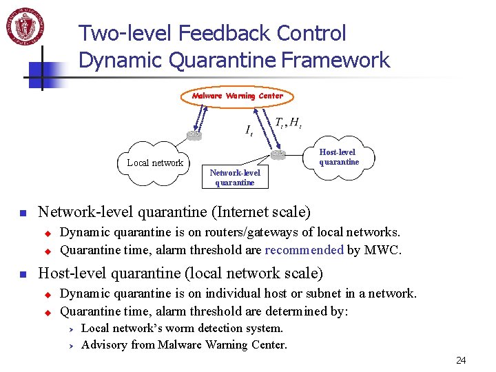 Two-level Feedback Control Dynamic Quarantine Framework Malware Warning Center Local network n Network-level quarantine