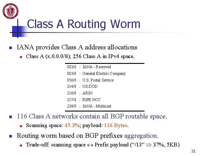 Class A Routing Worm n IANA provides Class A address allocations u Class A