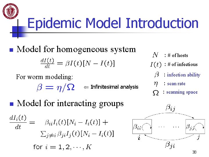 Epidemic Model Introduction n Model for homogeneous system : # of hosts : #