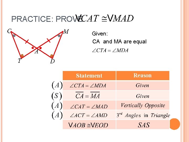 PRACTICE: PROVE Given: CA and MA are equal Statement Reason 