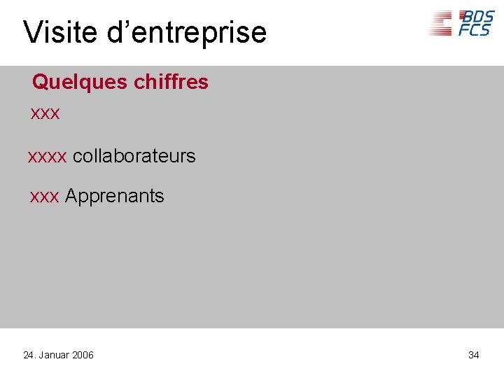 Visite d’entreprise Quelques chiffres xxxx collaborateurs xxx Apprenants 24. Januar 2006 34 