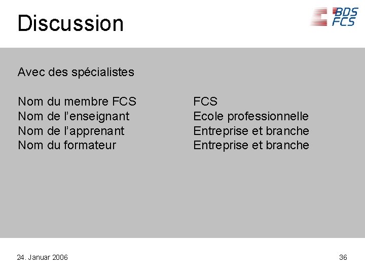 Discussion Avec des spécialistes Nom du membre FCS Nom de l’enseignant Nom de l’apprenant