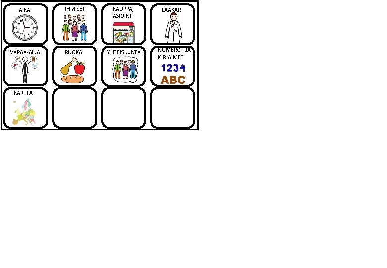 AIKA IHMISET KAUPPA, ASIOINTI VAPAA-AIKA RUOKA YHTEISKUNTA KARTTA LÄÄKÄRI NUMEROT JA KIRJAIMET 
