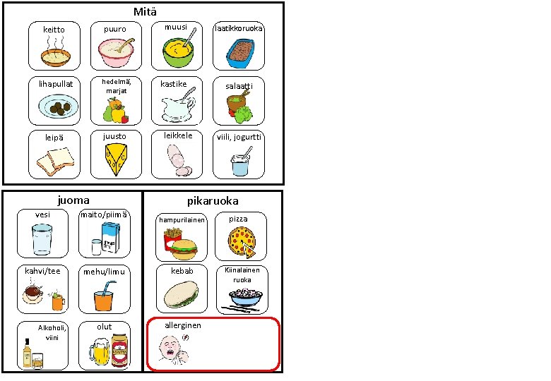 Mitä keitto puuro muusi laatikkoruoka lihapullat hedelmä, marjat kastike salaatti leipä juusto juoma leikkele