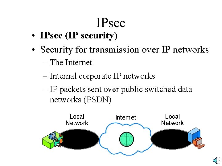 IPsec • IPsec (IP security) • Security for transmission over IP networks – The