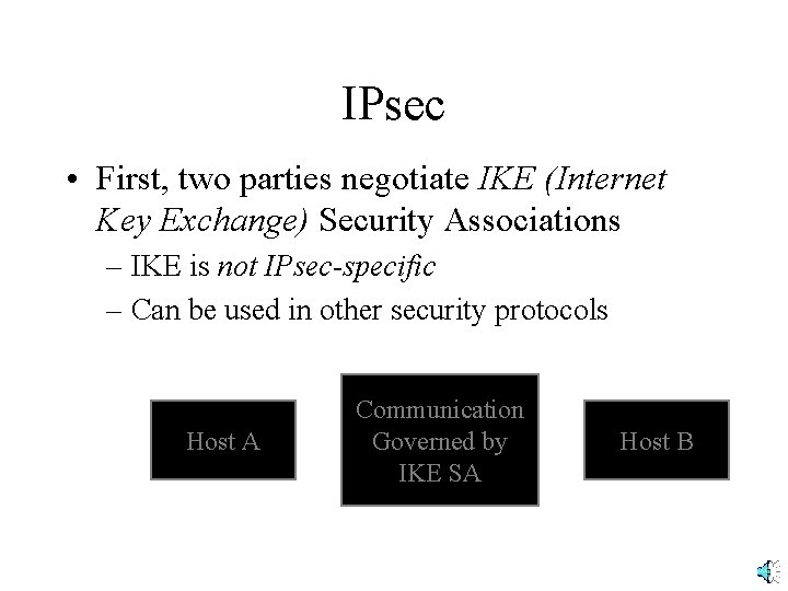 IPsec • First, two parties negotiate IKE (Internet Key Exchange) Security Associations – IKE