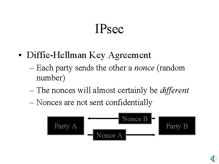 IPsec • Diffie-Hellman Key Agreement – Each party sends the other a nonce (random