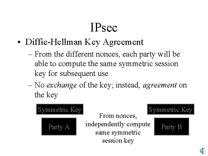 IPsec • Diffie-Hellman Key Agreement – From the different nonces, each party will be