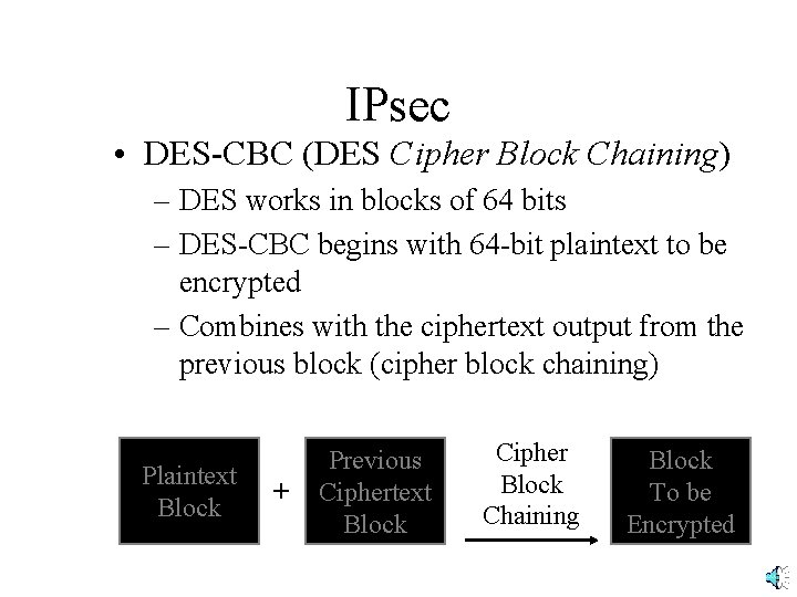 IPsec • DES-CBC (DES Cipher Block Chaining) – DES works in blocks of 64