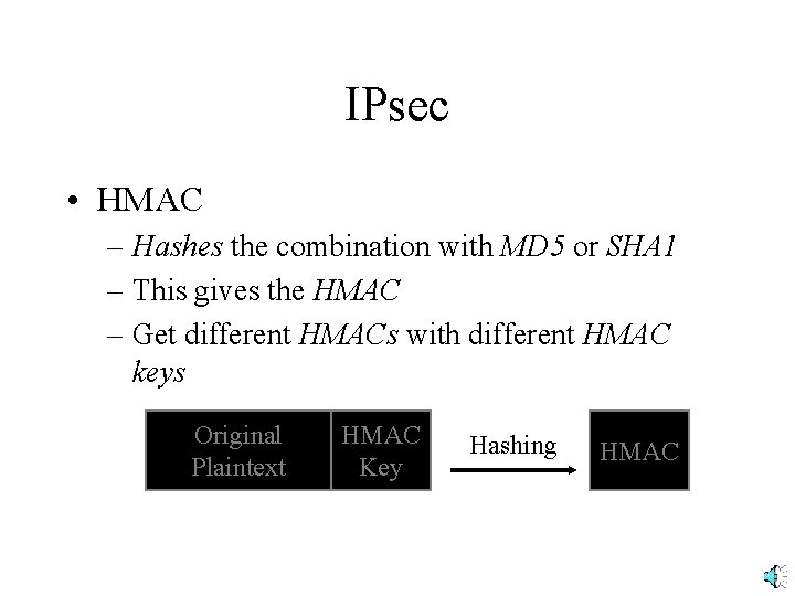 IPsec • HMAC – Hashes the combination with MD 5 or SHA 1 –