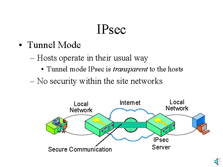 IPsec • Tunnel Mode – Hosts operate in their usual way • Tunnel mode