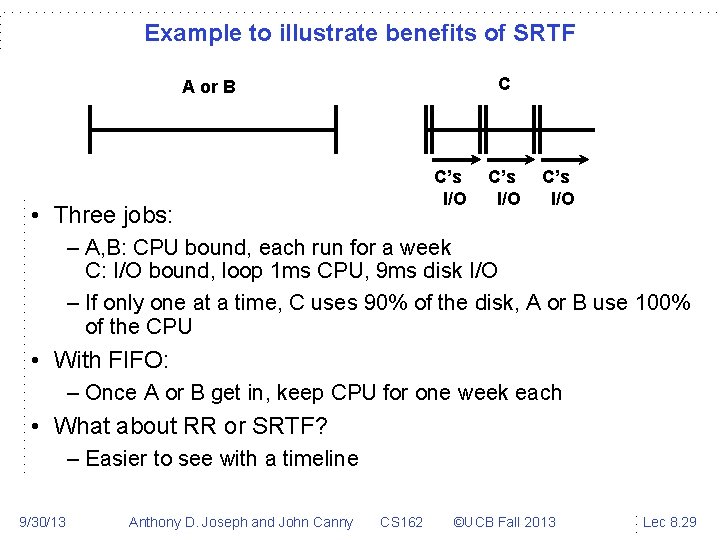 Example to illustrate benefits of SRTF C A or B C’s I/O • Three