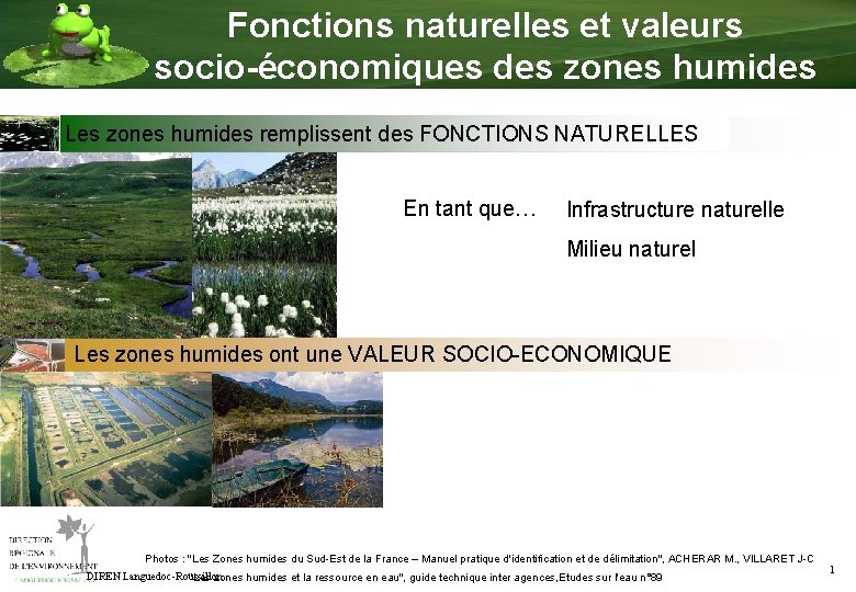 Fonctions naturelles et valeurs socio-économiques des zones humides Les zones humides remplissent des FONCTIONS
