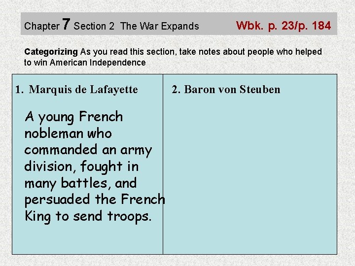 Chapter 7 Section 2 The War Expands Wbk. p. 23/p. 184 Categorizing As you