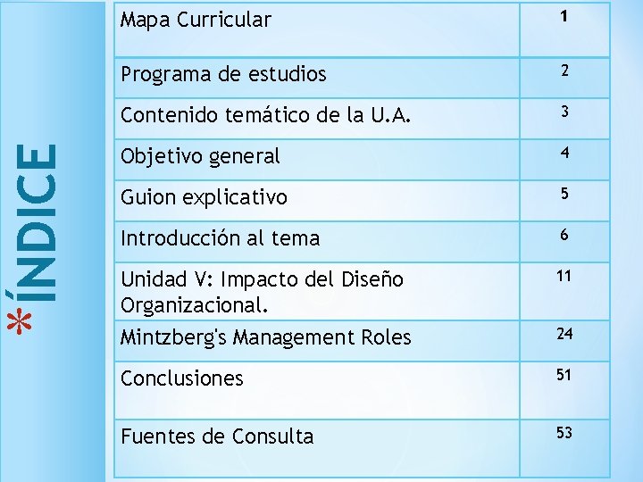 *ÍNDICE Mapa Curricular 1 Programa de estudios 2 Contenido temático de la U. A.