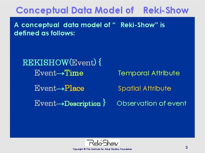 Conceptual Data Model of Reki-Show A conceptual data model of “ Reki-Show” is defined Conceptual Data Model of Reki-Show A conceptual data model of “ Reki-Show” is defined