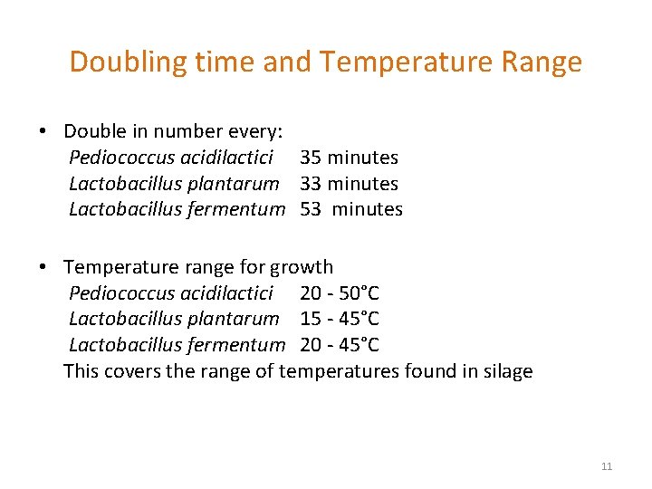 Doubling time and Temperature Range • Double in number every: Pediococcus acidilactici 35 minutes