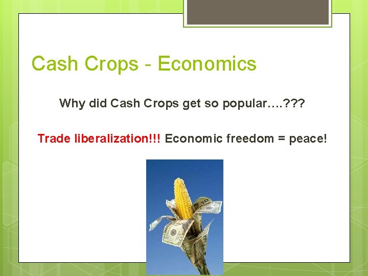 Cash Crops - Economics Why did Cash Crops get so popular…. ? ? ?