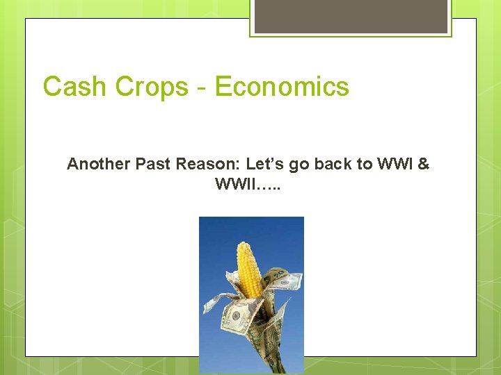 Cash Crops - Economics Another Past Reason: Let’s go back to WWI & WWII….