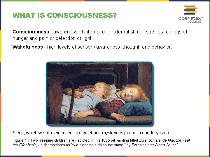 WHAT IS CONSCIOUSNESS? Consciousness – awareness of internal and external stimuli such as feelings