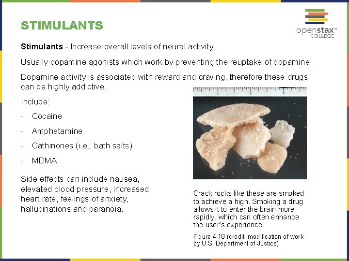 STIMULANTS Stimulants – Increase overall levels of neural activity. Usually dopamine agonists which work