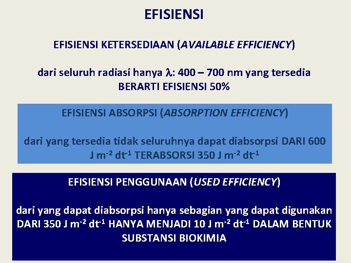 EFISIENSI KETERSEDIAAN (AVAILABLE EFFICIENCY) dari seluruh radiasi hanya : 400 – 700 nm yang