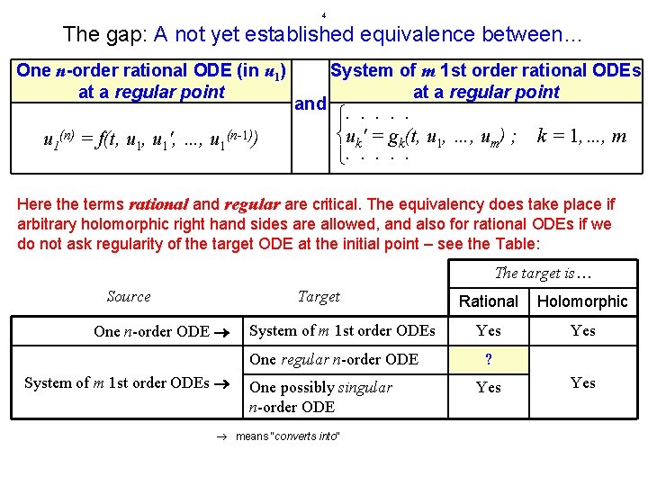 4 The gap: A not yet established equivalence between… One n-order rational ODE (in