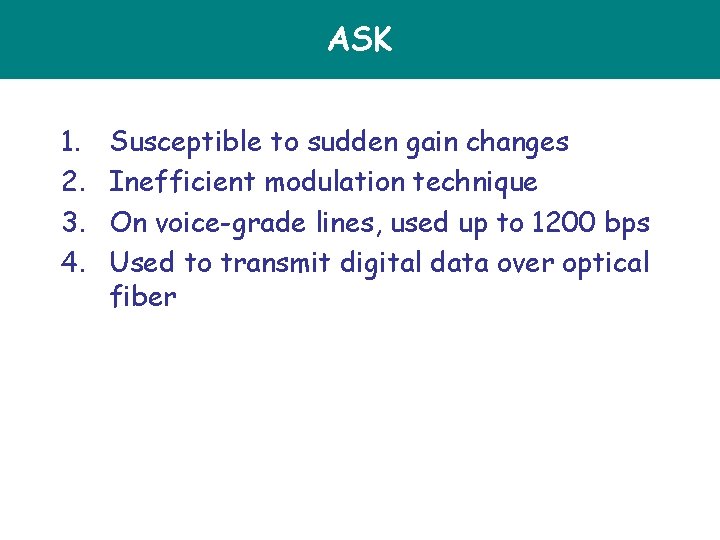 ASK 1. 2. 3. 4. Susceptible to sudden gain changes Inefficient modulation technique On