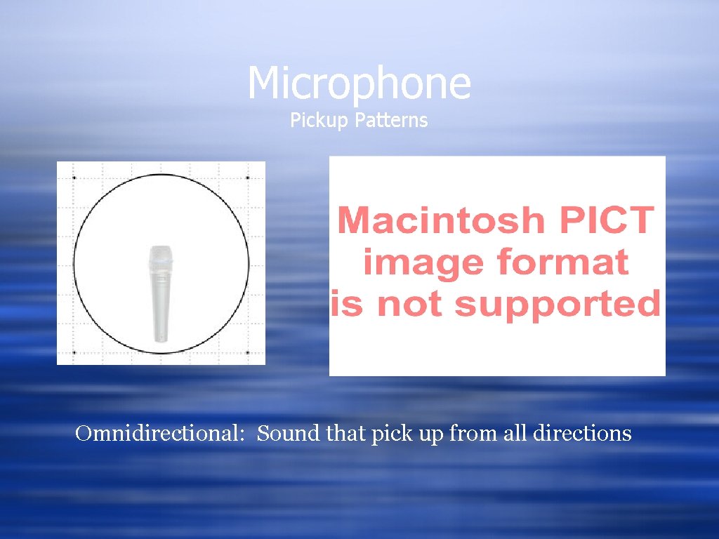 Microphone Pickup Patterns Omnidirectional: Sound that pick up from all directions 