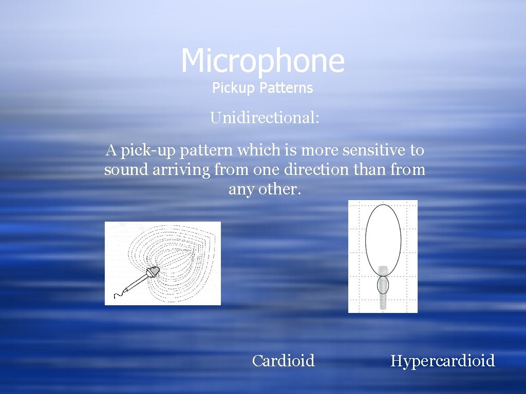 Microphone Pickup Patterns Unidirectional: A pick-up pattern which is more sensitive to sound arriving