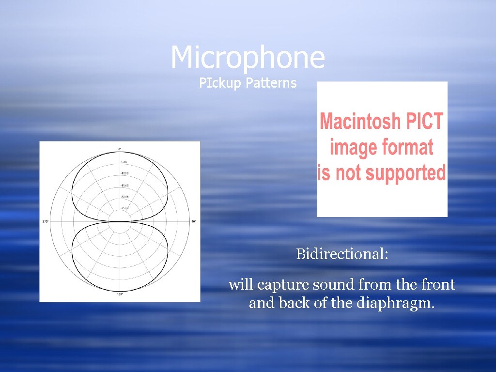 Microphone PIckup Patterns Bidirectional: will capture sound from the front and back of the