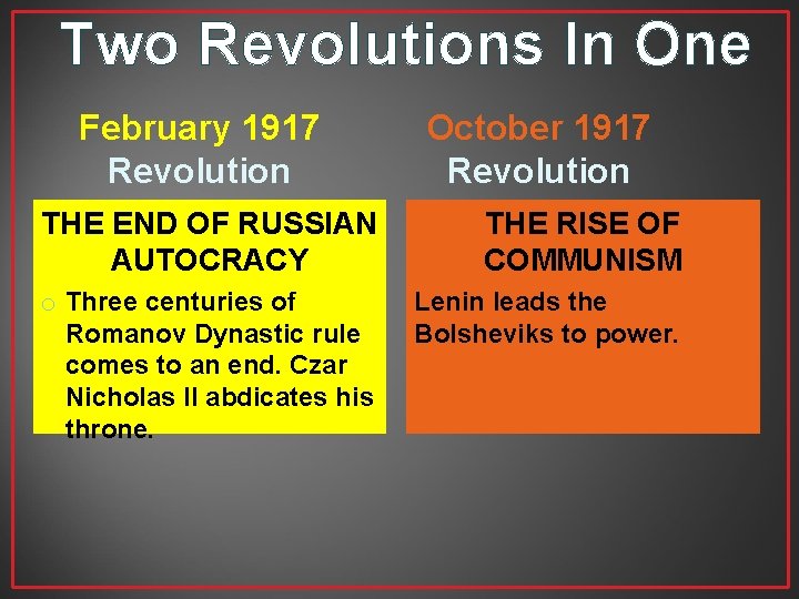 Two Revolutions In One February 1917 Revolution October 1917 Revolution THE END OF RUSSIAN