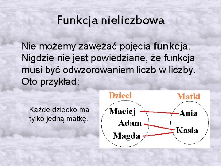 Funkcja nieliczbowa Nie możemy zawężać pojęcia funkcja. Nigdzie nie jest powiedziane, że funkcja musi